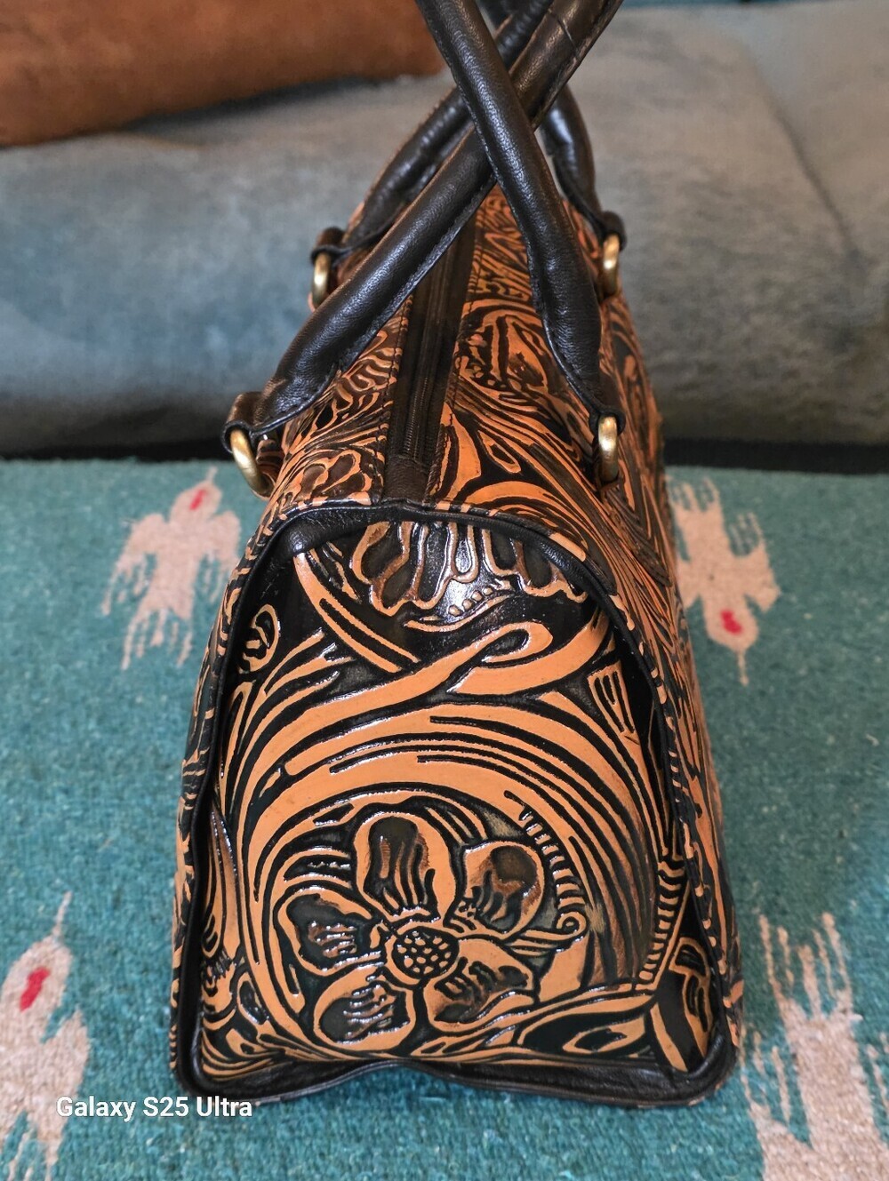 Floral Artisan Leather Speedy Satchel Burnt Copper & Black Western Crossbody - Picture 12 of 17